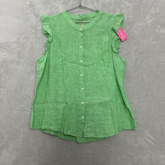 Lilly Pulitzer Briette Button Down Top Seacoast Linen Gecko Green Women’s XL - Picture 2 of 13
